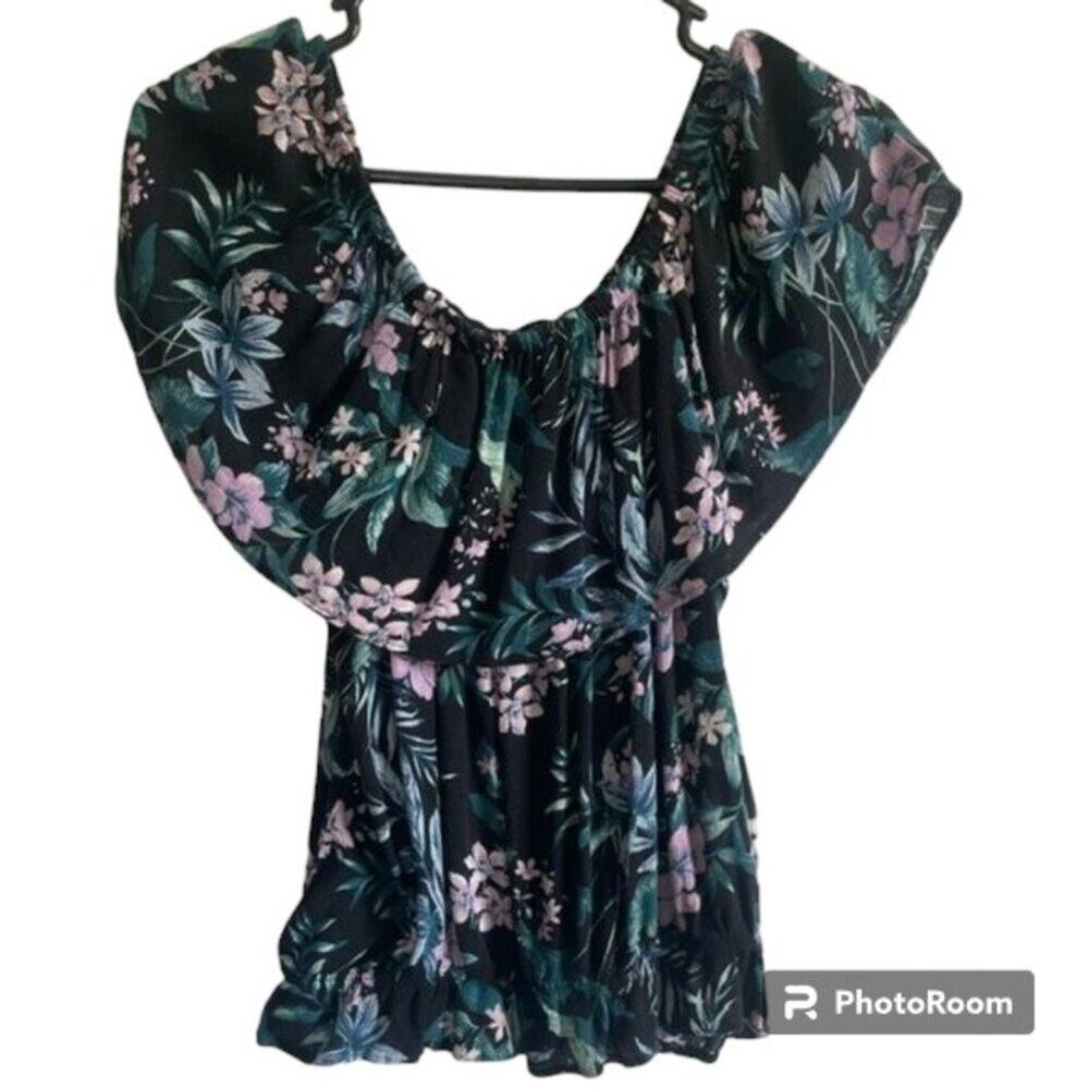 American Eagle Outfitters Off -the-Shoulder Top Black Floral Size Medium